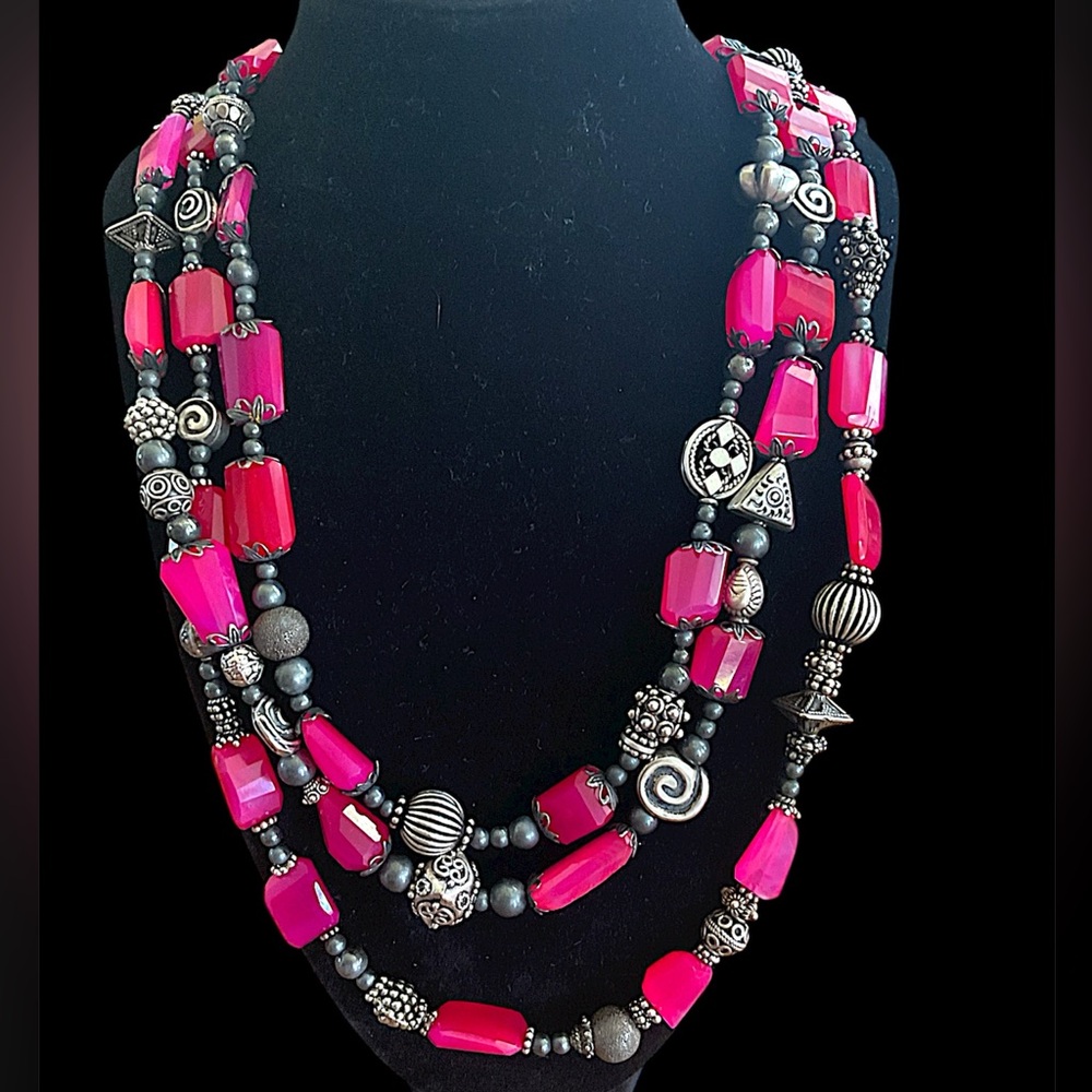 Vintage Lab Ruby Three Strand Statement Necklace - image 1